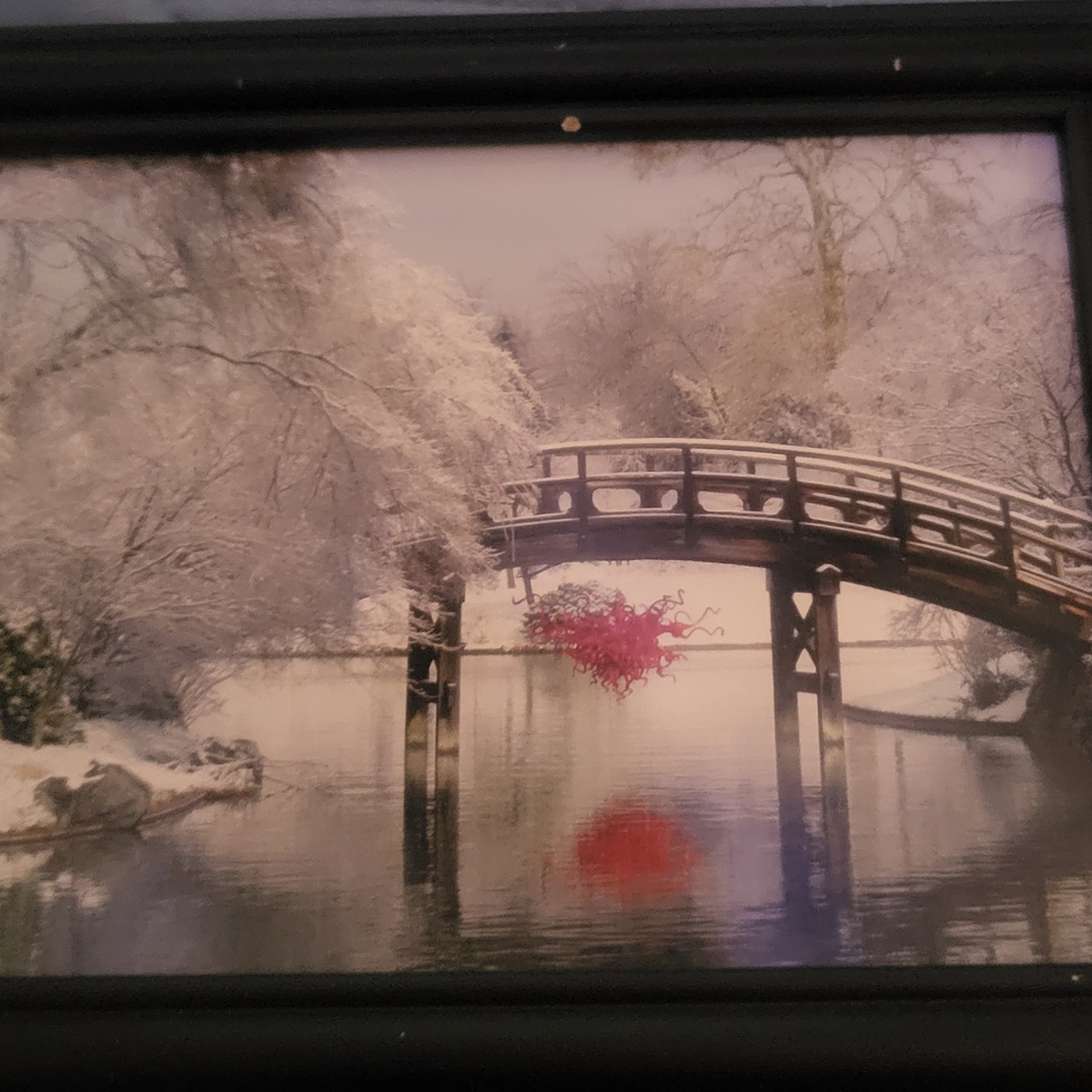 Framed Winter Bridge Art Print Of A Dale Chihuly Glass Sculpture.